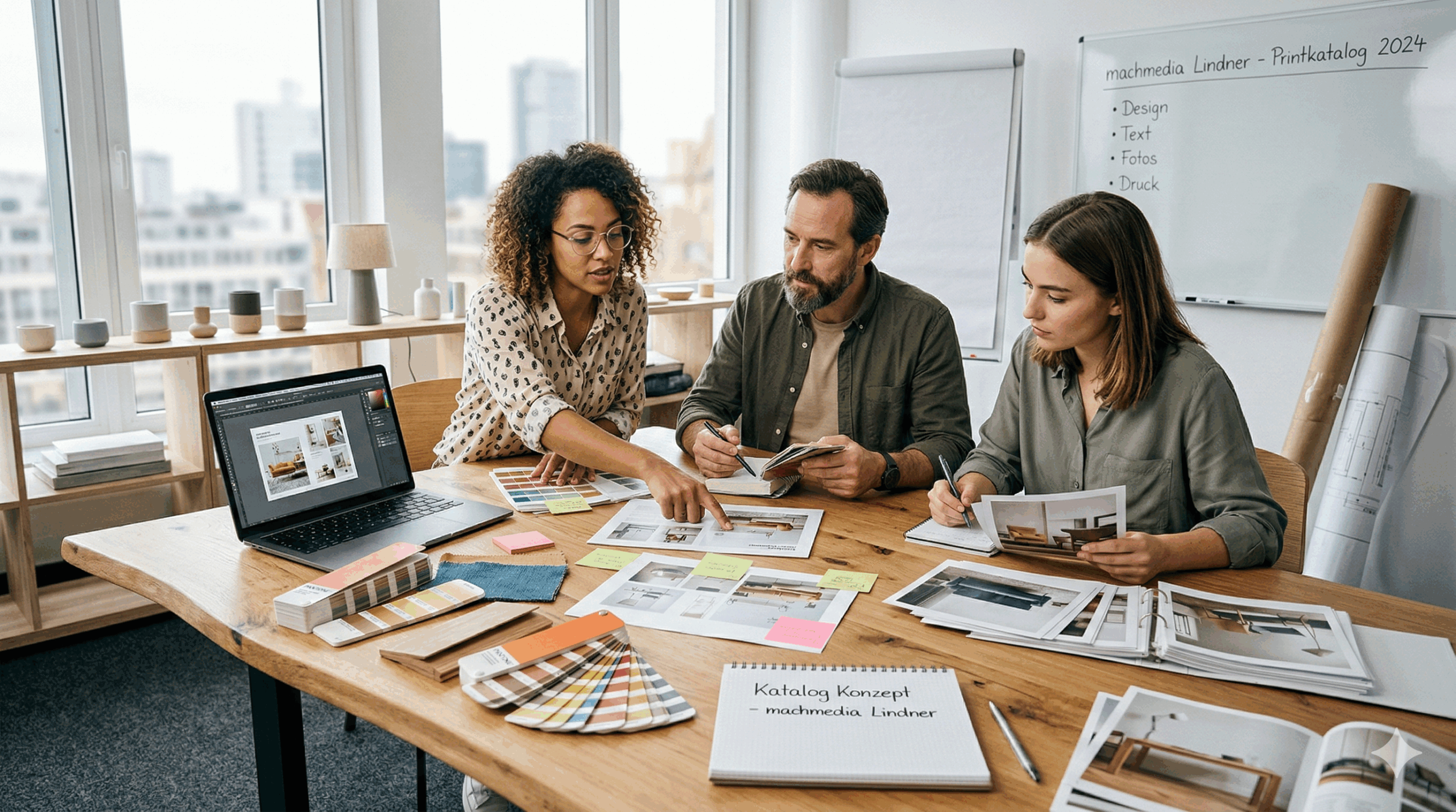 Drei Personen sitzen an einem Tisch und arbeiten kreativ an einem Katalog zusammen, um diesen zu gestalten. 